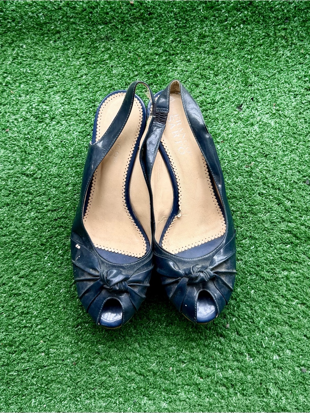 Franco Sarto Navy Blue Patent Peep-Toe Slingback Wedge Heels Women's US 8